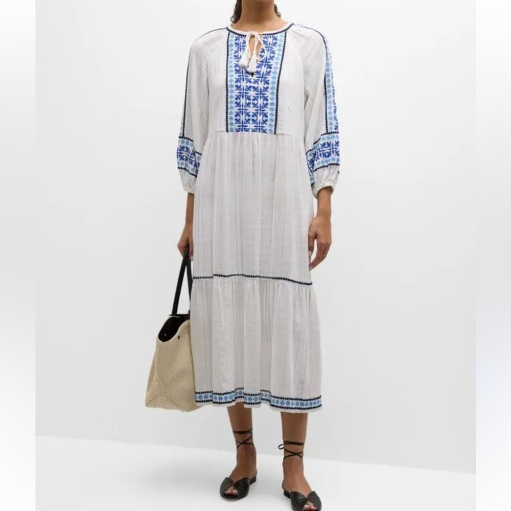 Tommy Bahama NWT Size LGE  Mykonos White &‎ Blue Embroidered  tiered midi Dress
